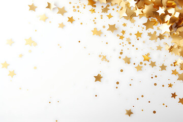 Golden confetti and glittering stars on white table background, happy birthday, celebration, party background