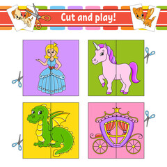 Cut and play. Flash cards. Color puzzle. Education developing worksheet. Activity page. Game for children. cartoon style. Funny character. Vector illustration.
