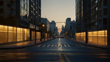 Obraz premium Serene Dawn: Empty Urban Street Bathed in Morning Light