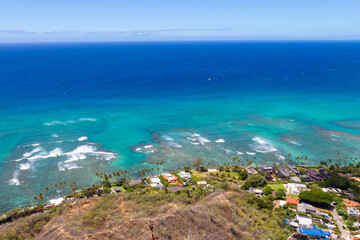 Oceanfront houses along the Oahu, Hawaii, coastline facing the Pacific Ocean