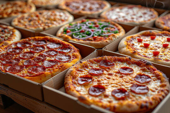 tempting selection of hot pizzas with various toppings, ready for delivery in cardboard boxes, capturing the casual joy of shared meals