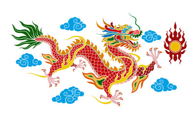 Obraz premium Tradition Chinese red dragon graphics Line patterns on a flat colorful background are used for decoration.