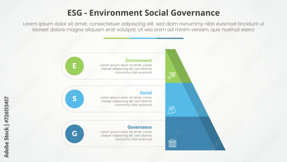 Poster esg frameworks infographic concept for slide presentation with half slice pyramid with circle point 