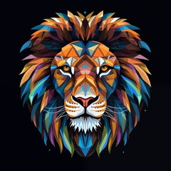 Obraz premium Geometric Symmetrical Colorful Lion Head Isolated on Black Background. Generative AI