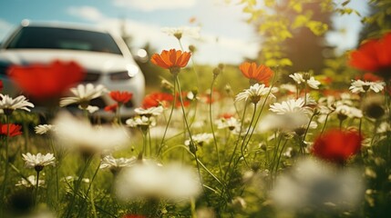 A white car on a sunny day surrounded by orange wildflowers, depicting a leisurely drive in nature.