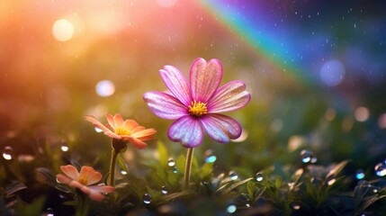 Obraz na płótnie Canvas Vibrant pink wildflower under a sparkling rain with a soft rainbow in the background, showcasing nature's beauty.