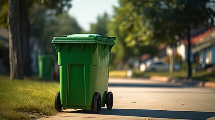 A solitary green wheelie bin stands on a quiet suburban street, highlighting urban waste management.
