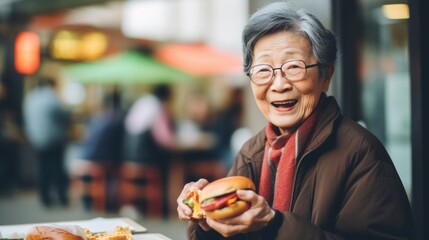 Joyful elderly Asian lady eating a hamburger in a busy outdoor setting.