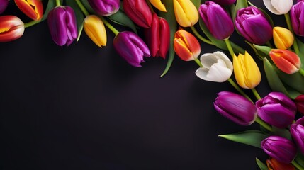 Colorful tulips arranged on a dark backdrop, ideal for spring-themed designs.