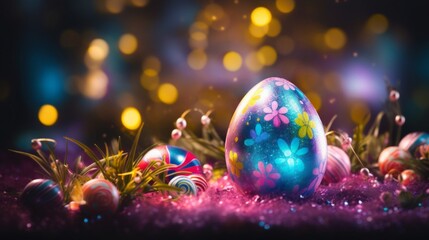 Obraz na płótnie Canvas Decorative Easter eggs with sparkling bokeh lights creating a festive atmosphere.