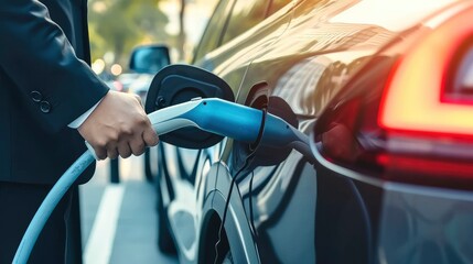 a man plugging in their electric car (EV) at a home charging station, emphasizing eco-friendly transportation