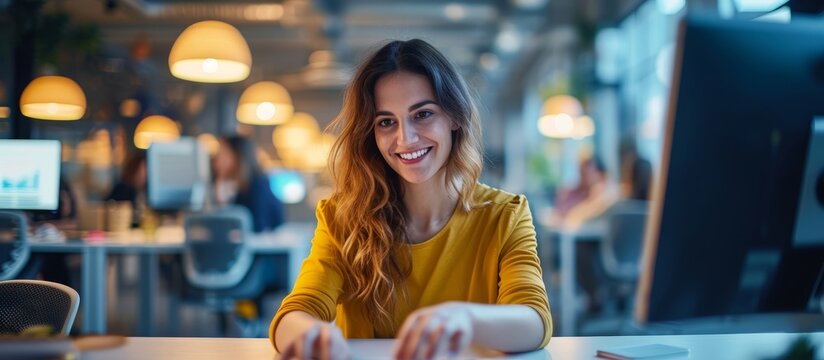 Smiling woman typing on keyboard, creating modern app indoors.