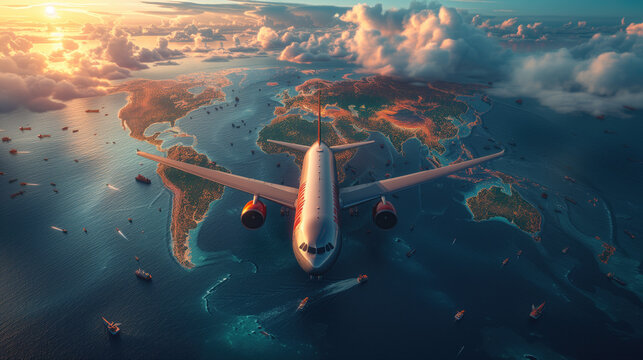 network simulation The world of transportation and logistics, both land and sea. There are large cargo ships. and passenger planes and air transport aircraft