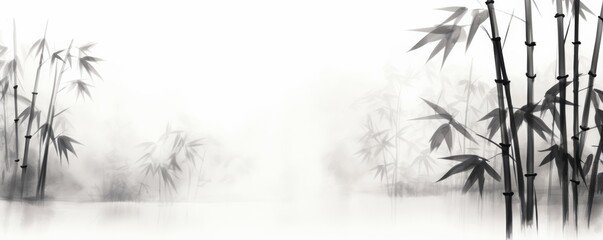 bamboo and branches in black and white, in the style of ink-wash landscape