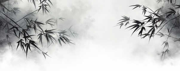 bamboo and branches in black and white, in the style of ink-wash landscape