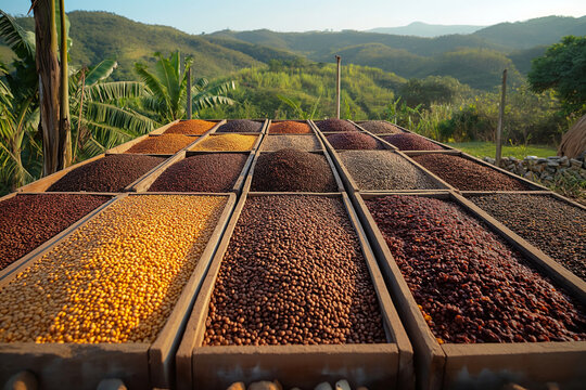 variety of coffee beans drying in wooden trays under the warm sunlight, with lush green hills in the background