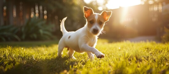 Adorable pedigreed Smooth Fox Terrier happily playing in the sunny backyard. - obrazy, fototapety, plakaty