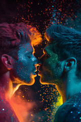 Two men kissing in a glitter powder dust explosion.