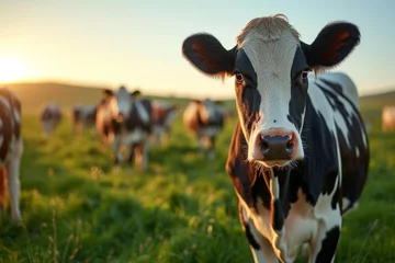 Fototapeten close-up of a dairy cow looking at the camera on a lush green pasture at sunset, highlighting sustainable farming © Suryani