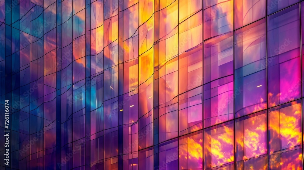 Poster the buildings large windows reflect the deep purples and oranges of the twilight sky creating a stun