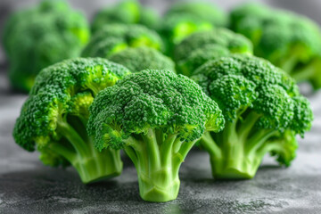 Vibrant green broccoli florets arranged on a dark surface, highlighting their texture and freshness - obrazy, fototapety, plakaty