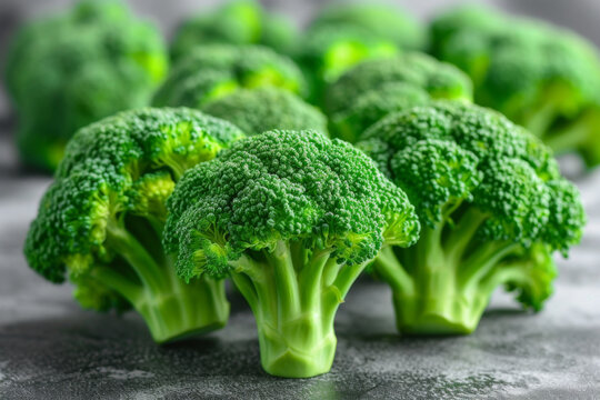 Vibrant green broccoli florets arranged on a dark surface, highlighting their texture and freshness