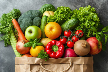 paper bag full of healthy groceries, showcasing fresh vegetables and fruits including apples, oranges, and tomatoes on a grey textured background