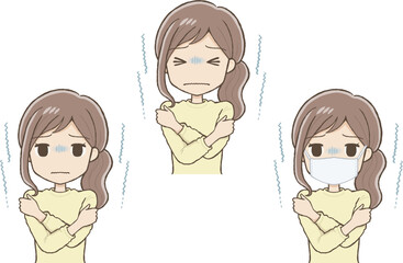 寒くて震えるロングスカートの女性（表情2種＋マスク）上半身
