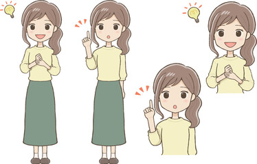 思いつく・閃くロングスカートの女性（表情2種）