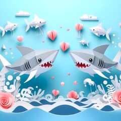 The cute and lovely sharks paper art, craft, surrealism, 3D digital art, simple background. Generative AI.