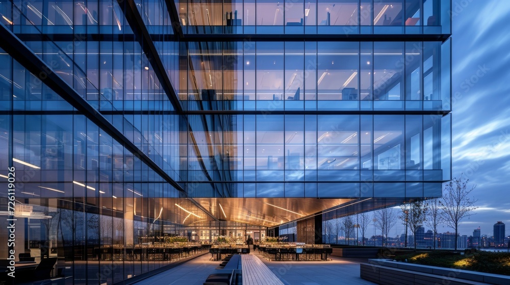 Poster the reflective gl surfaces of the building catch the last rays of sunlight creating a stunning visua