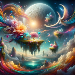 Dreamy Fantasy Landscape with Floating Island, Colorful Floral Swirls and Mystical Birds and Clouds, with Large Moon in Background