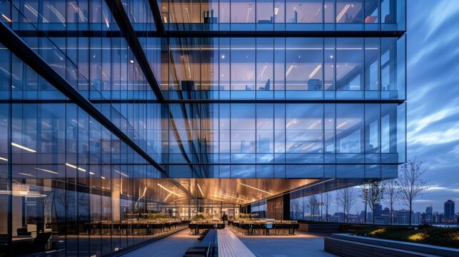 The reflective gl surfaces of the building catch the last rays of sunlight creating a stunning visual effect that adds depth and dimension to the office design.