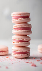 four macarons are stacked on top of a white background