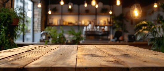 Wooden table in a coffee shop can be used for displaying products.