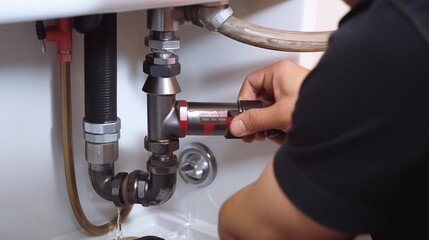 maintenance fix water plumbing, Close up hand technician repair a water pipe under the sink, 