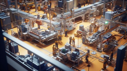 A high-angle shot of a busy factory floor with assembly lines and workers in motion