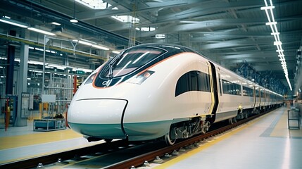 A high-speed train being assembled in a state-of-the-art manufacturing facility