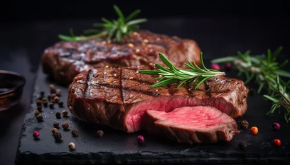 Foto op Plexiglas Grilled beef filet steaks with herbs and spices on dark slate background © pijav4uk
