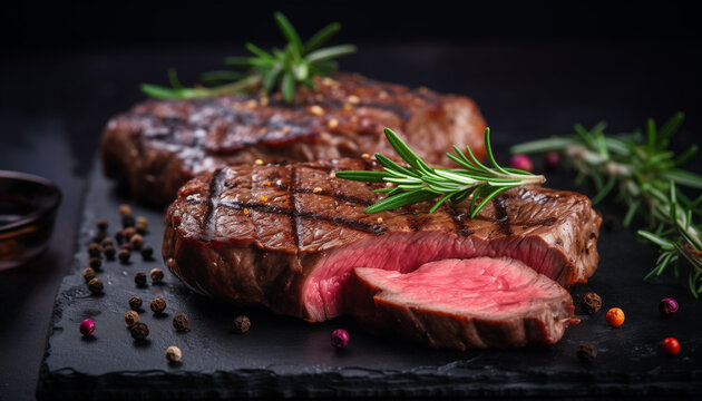 Grilled beef filet steaks with herbs and spices on dark slate background