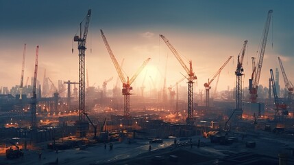 A panoramic view of a massive construction project with multiple cranes and teams of workers