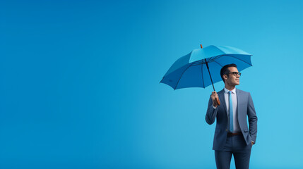 a businessman holding an umbrella against a calming blue backdrop, symbolizing protection and security provided by insurance. Generative AI.