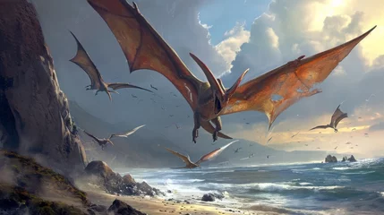 Foto op Aluminium A group of Pterodactyls soaring above the intertidal zone their sharp beaks and great wingspan making them fearsome hunters of sea creatures. © Justlight