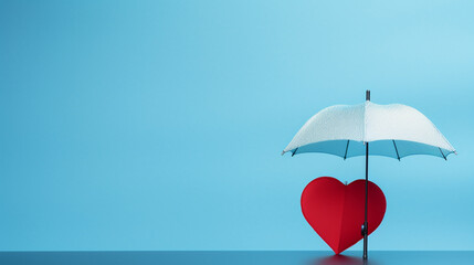 a miniature heart and a small umbrella on a tranquil blue background, creating a simple yet impactful representation of health insurance. Generative AI.