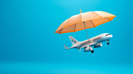 A minimalistic composition of a tiny airplane and an umbrella on a serene blue background, symbolizing travel protection and insurance. Generative AI.