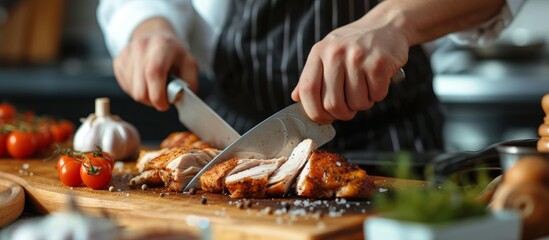 Chef slicing chicken leg for meat recipes on culinary blog or show.