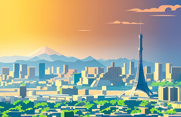 東京の空の下、富士山とスカイツリーを望む - obrazy, fototapety, plakaty