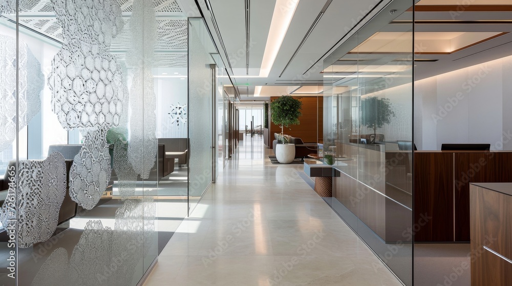 Poster etched into the gl walls are delicate patterns and symbols subtly guiding visitors to the reception 