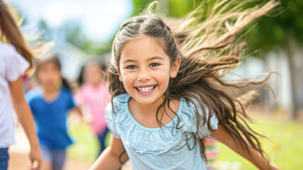 A cheerful young girl running joyfully towards the camera with her friends in the background, bathed in warm sunlight.