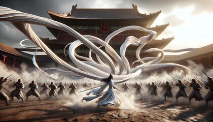 a surreal masterpiece in extreme detail, portraying a female warrior using her long white clothes as a weapon against ancient soldiers, set against the backdrop of the Forbidden City